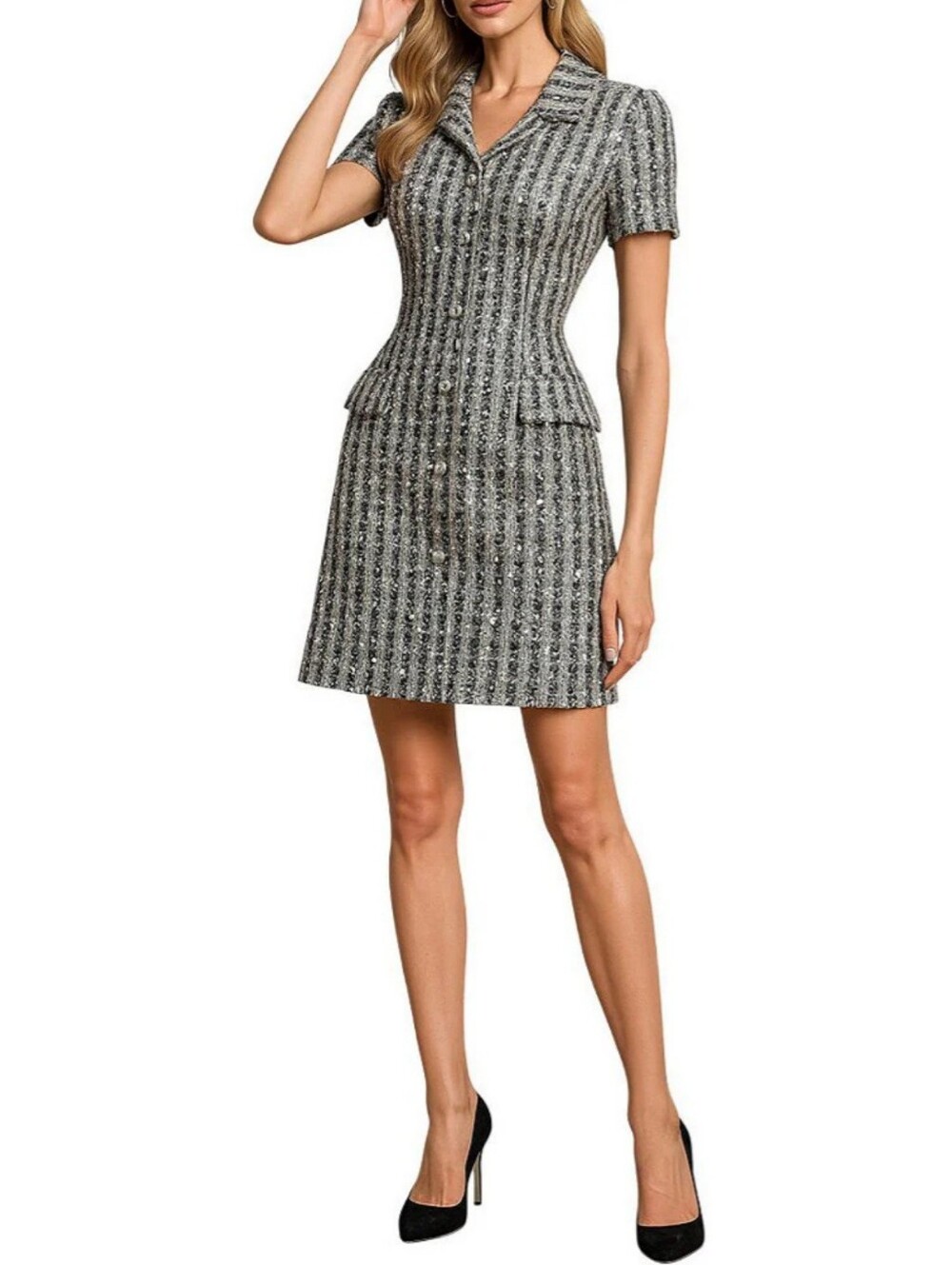 Terani Couture Sequined  Black & Gray Tweed Short Sleeve Button Dress Sz.16 New